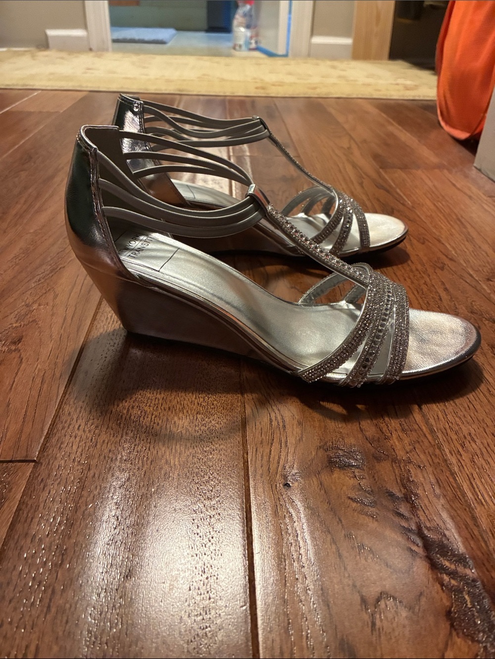 New York Transit Metallic Silver Rhinestone T-Strap Heels